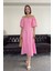 Balon Kol Premium Keten Elbise- Pembe 5