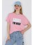 Pembe Yazı Baskılı %100 Pamuk Oversize Tişört 2150-7M 4