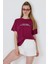 Bordo Yazı Baskılı %100 Pamuk Oversize Tişört 2150-8M 1