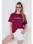 Bordo Yazı Baskılı %100 Pamuk Oversize Tişört 2150-8M 3
