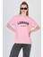 Pembe Yazı Baskılı %100 Pamuk Oversize Tişört 2150-9M 1
