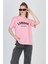 Pembe Yazı Baskılı %100 Pamuk Oversize Tişört 2150-9M 2