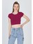 Bordo Bisiklet Yaka Pamuklu Slim Fit Crop Tişört 9199M 1