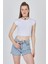 Beyaz Bisiklet Yaka Pamuklu Slim Fit Crop Tişört 9199M 1