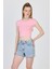 Pembe Bisiklet Yaka Pamuklu Slim Fit Crop Tişört 9199M 1