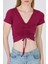 Bordo V Yaka Büzgülü Crop Tişört 9201M 4
