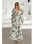 V Yaka Yırtmaç Detaylı Desenli Elbise Haki 9350-E 1