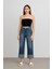 Kadın Yüksek Bel Paçası Katlı Relaxed Fit Mavi Jean Pantolon 1