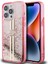 Apple iPhone 14 Pro Max Kılıf Guess Lisanslı Transparan Sıvılı Simli Altın Çizgili Kapak Pembe 1