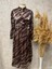 25Y3416 Elbise Saten Zebra Desen Beli Bağlamalı - Vishne - 25Y3416 - Kahve - 42 1