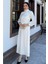 25Y4660 Elbise Abiye Saten Jkolları Gül Detaylı - Tane - 25Y4660 - Beyaz - 44 1