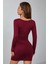 Bordo Kare Yaka Uzun Kollu Likralı Mini Elbise ( Mevsimlik ve Kışlık ) 2
