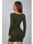 Haki Kare Yaka Uzun Kollu Likralı Mini Elbise ( Mevsimlik ve Kışlık ) 2