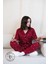 Bordo Kalp Desenli Düğmeli Kısa Kol Kadın Pijama Takımı 1