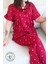 Bordo Kalp Desenli Düğmeli Kısa Kol Kadın Pijama Takımı 1