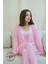Pembe Çizgili Dantel Detaylı Sabahlıklı Kadın Pijama Takımı 1