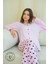 Pembe Kalp Desenli Düğmeli Uzun Kol Kadın Pijama Takımı 2