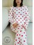 Beyaz Kalp Desenli Uzun Kol Kadın Pijama Takımı 1