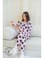 Pembe Siyah Benek Desenli Düğmeli Uzun Kol Kadın Pijama Takımı 1