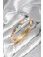 Mineli Pirinç Mavi ve Pembe Üçgen Desenli Gold Renk Kadın Kelepçe (Çap 60 Mm) 1