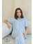 Mavi Çizgi Desenli Düğmeli Kısa Kol Kadın Pijama Takımı 2