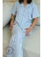 Mavi Çizgi Desenli Düğmeli Kısa Kol Kadın Pijama Takımı 1