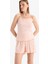 Regular Fit Pijama Takımı Desenli Askılı Pijama Üstü Esnek Belli Şort Pijama Altı-Fall in Love F5774AX25SM 4
