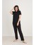 Kadın Çiçek Desenli Bisiklet Yaka Pijama Takım | Siyah 80601-1273 1