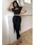 Kadın Siyah Göğüs Dekolteli Yarım Kollu Cut Out Crop Top Bluz 4