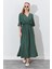 Kadın Haki Düşük Kol Yanları Yırtmaçlı Uzun Elbise 1