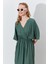 Kadın Haki Düşük Kol Yanları Yırtmaçlı Uzun Elbise 5