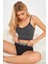 Kadın Anstrasit Gri Ip Askılı Crop Top Bluz 2