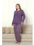 Kadın Mor Çiçek Desen Bisiklet Yaka 3 Düğmeli Yırtmaç Detay Büyük Beden Viskon Uzun Kol Pijama 1