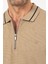 Erkek Basic Jakar Dokulu Bej Fermuarlı Polo Yaka Kıvrılmaz %100 Pamuk Slim Fit Tişört 4