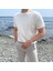 Beyaz Erkek Yuvarlak Yaka 2 Çizgili Örme Triko T-Shirt 2