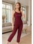 Kadın Ip Askılı Uzun Pijama Takımı Kalpli Desen Bordo Hafif Dublin Kumaş 2