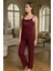 Kadın Ip Askılı Uzun Pijama Takımı Kalpli Desen Bordo Hafif Dublin Kumaş 3