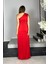 G1442 Tek Omuz Saten Tasarım Elbise Kırmızı 3