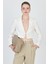 Beyaz Keten Görünümlü %100 Pamuk Bağlama Detaylı Crop Blazer Ceket 7070 2