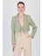 Olive Yeşili Keten Görünümlü %100 Pamuk Bağlama Detaylı Crop Blazer Ceket 7070 1