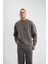 Unisex Uzun Kol Bisiklet Yaka Yıkamalı Sweatshirt - Füme 1