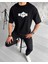Unisex Bisiklet Yaka Baskılı Double Oversize T-Shirt - Siyah 1
