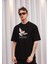 Unisex Bisiklet Yaka Baskılı Oversize T-Shirt - Siyah 1