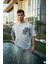 Unisex Bisiklet Yaka Baskılı Oversize T-Shirt - Boyalı Gri 1