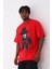 Unisex Oversize Baskılı Bisiklet Yaka T-Shirt - Kırmızı 2