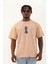 Unisex Oversize Baskılı Bisiklet Yaka T-Shirt - Bej 2