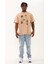 Unisex Oversize Baskılı Bisiklet Yaka T-Shirt - Bej 4