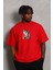 Unisex Oversize Baskılı Bisiklet Yaka T-Shirt - Kırmızı 1