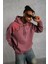 Erkek Ön ve Arka Baskılı Kapüşonlu 3 Iplik Sweatshirt - Gül Kurusu 1