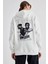 Kapüşonlu Sırt Baskılı Üç Iplik Oversize Sweatshirt - Beyaz 2